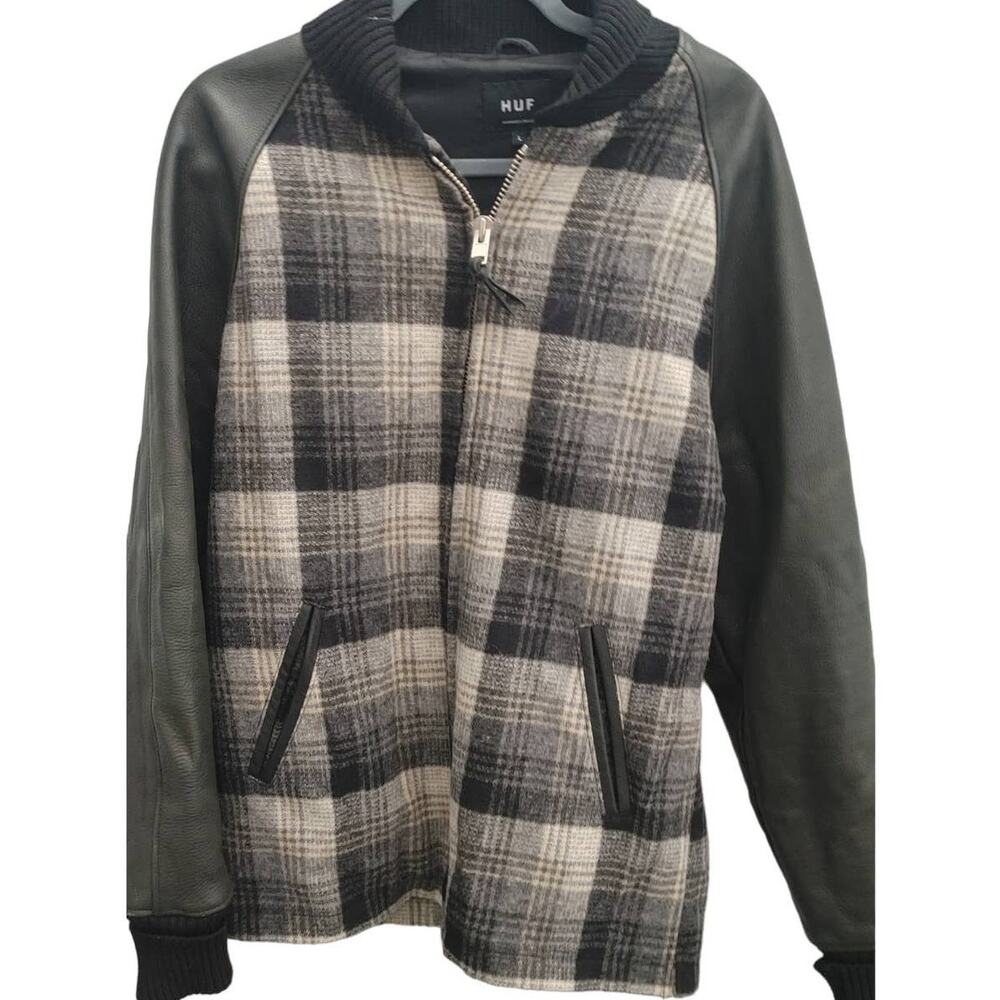 HUF Jacket Shadow Plaid Surcoat Zip Front Leather Wool Large Black